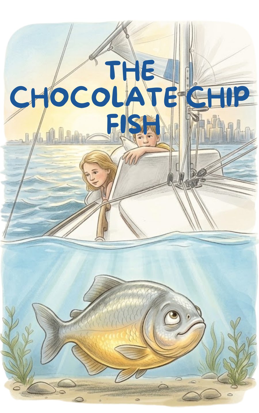 The Chocolate Chip Fish book cover, showing two children looking off a sailboat while a golden fish swims below, city skyline in the background